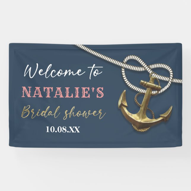 Navy Blue Nautical Gold Anchor Rope Bridal Shower  Banner (Horizontal)