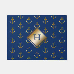 Navy Blue Nautical Gold Anchors Monogram Doormat