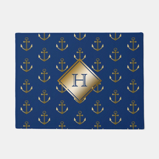 Navy Blue Nautical Gold Anchors Monogram Doormat (Front)