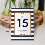 Navy Blue Nautical Knot Table Number (3.5x5)<br><div class="desc">Nautical Boutique Co.'s modern nautical event / wedding table number design features a rope tied into an infinity knot and traditional block typography paired with modern handwritten typography. The design is set on a matching watercolor background in navy blue and white stripes. #Nautical #CoastalWedding #Wedding #BeachWedding</div>