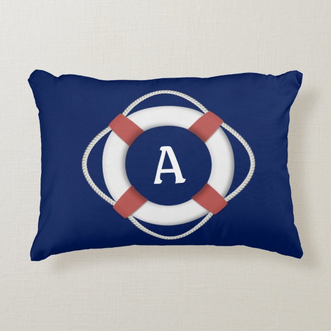 Navy Blue Nautical Lifesaver Monogram Accent Pillow (Front)