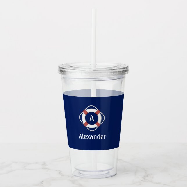 Navy Blue Nautical Lifesaver Monogram Acrylic Tumbler (Front)