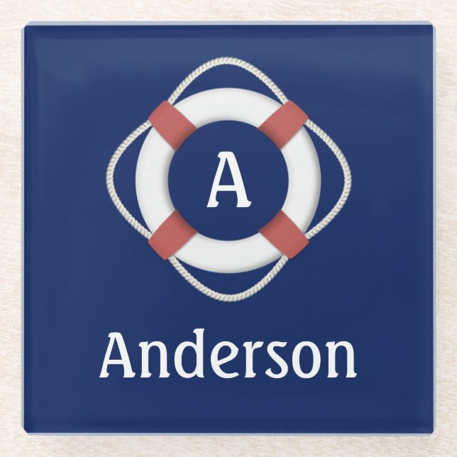 Navy Blue Nautical Lifesaver Monogram Glass Coaster (Front)