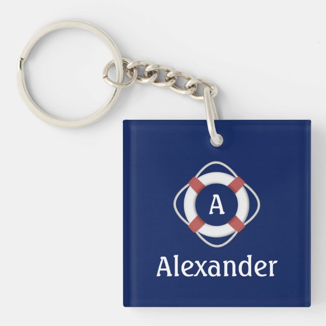 Navy Blue Nautical Lifesaver Monogram Keychain (Front)