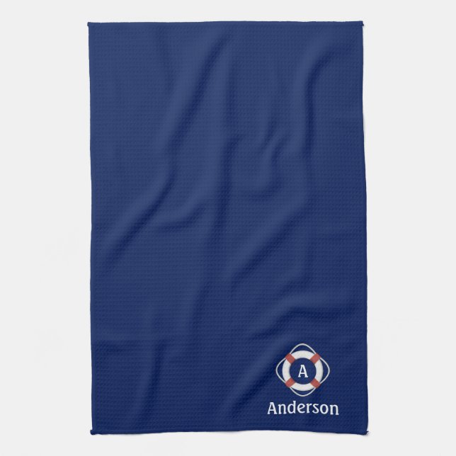 Navy Blue Nautical Lifesaver Monogram Kitchen Towel (Vertical)