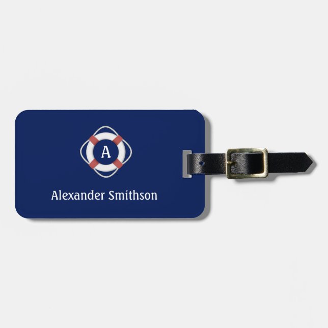 Navy Blue Nautical Lifesaver Monogram Luggage Tag (Front Horizontal)