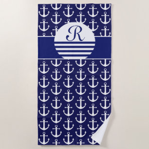 Navy Blue Nautical - Mongrammed Nautical Beach Towel