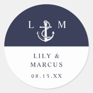 Navy Blue Nautical Monogram Wedding Favour Classic Round Sticker