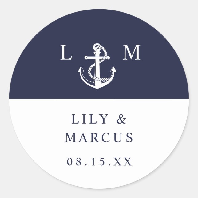 Navy Blue Nautical Monogram Wedding Favour Classic Round Sticker (Front)