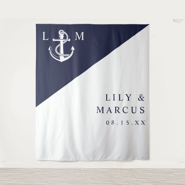 Navy Blue Nautical Monogram Wedding Photo Backdrop Tapestry (Front)