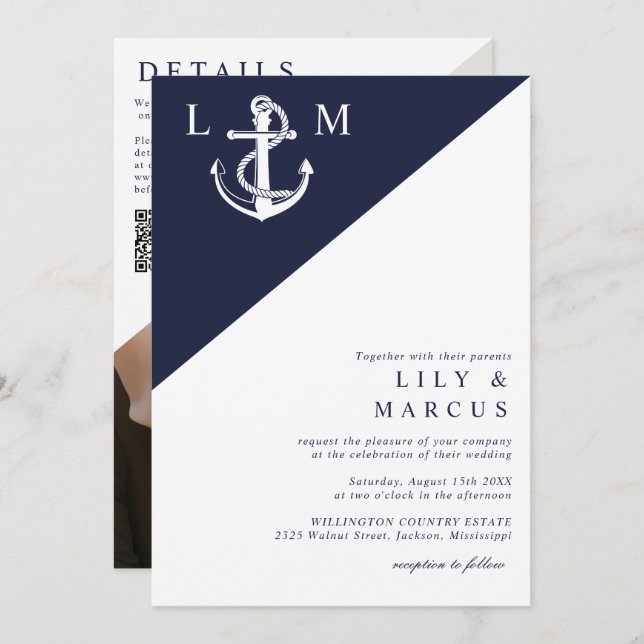 Navy Blue Nautical Monogram Wedding Photo QR Code Invitation (Front/Back)