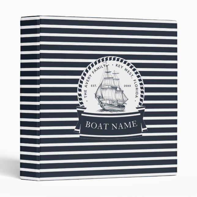 Navy Blue Nautical Personalized Boat Name Binder (Front/Spine)