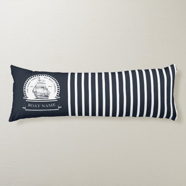 Navy Blue Nautical Personalized Boat Name Body Pillow (Front)
