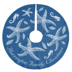 Navy Blue Nautical Sea Life Design Custom Text Brushed Polyester Tree Skirt
