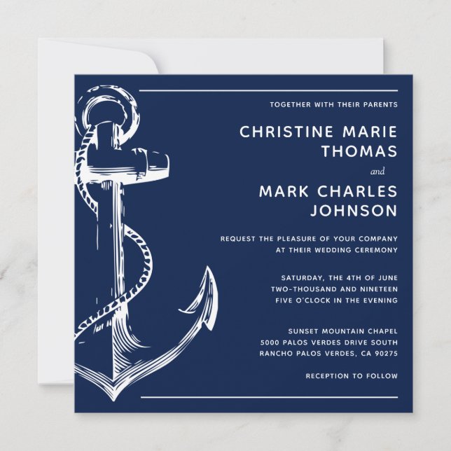 Navy Blue Nautical Ship Anchor Wedding Invitation (Front)