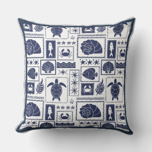 Navy Blue Nautical Stamps Coastal Sea Life Pattern Throw Pillow