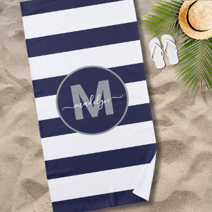 Navy Blue Nautical Stripe Name Monogram Beach Towel