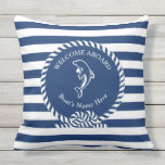 Navy Blue Nautical Stripes Dolphin Boat Name Outdoor Pillow<br><div class="desc">Navy Blue Nautical Stripes Dolphin Boat Name Outdoor Pillow</div>