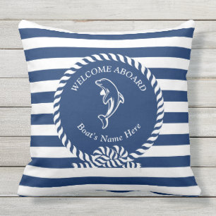 Navy Blue Nautical Stripes Dolphin Boat Name Outdoor Pillow