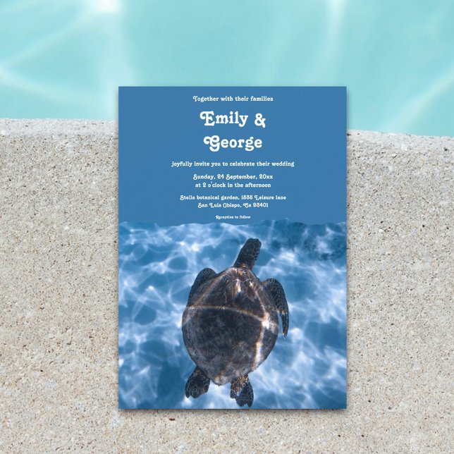 Navy Blue Nautical Turtle Beach Coastal Wedding Invitation (Creator Uploaded)