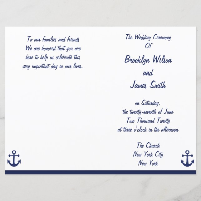 Navy Blue Nautical Wedding Ceremony Program Flyer (Front)