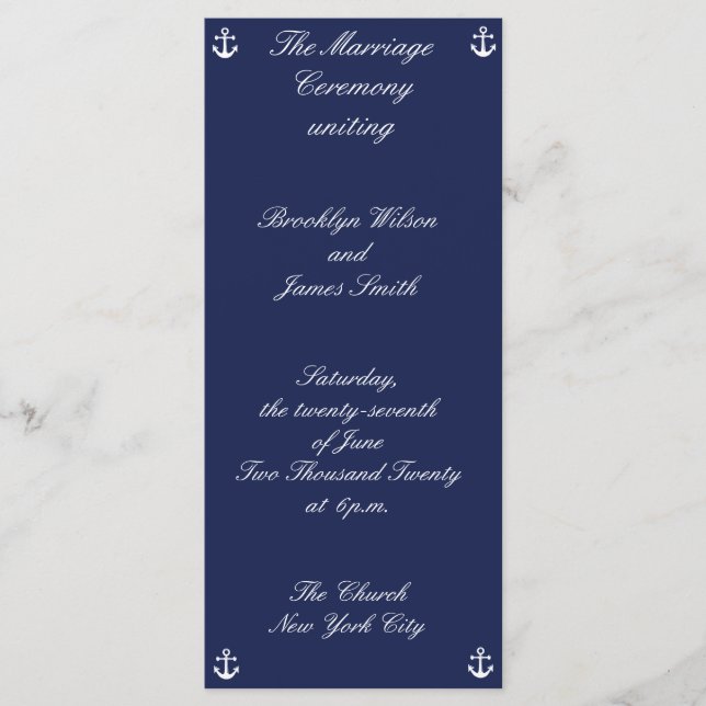 Navy Blue Nautical Wedding Ceremony Programs (Front)
