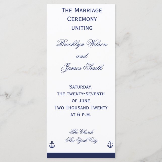 Navy Blue Nautical Wedding Ceremony Programs (Front)
