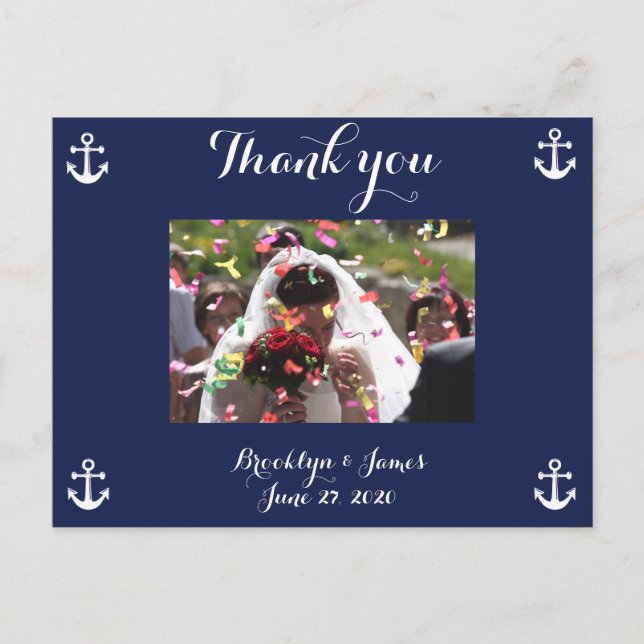 Navy Blue Nautical Wedding Thank You Postcards (Front)