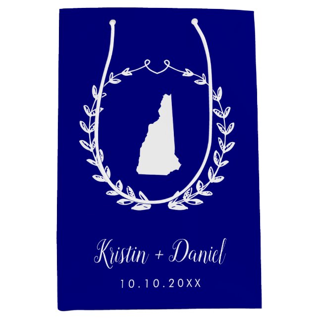 Navy Blue New Hampshire Map Wedding Welcome Swag Medium Gift Bag (Front)