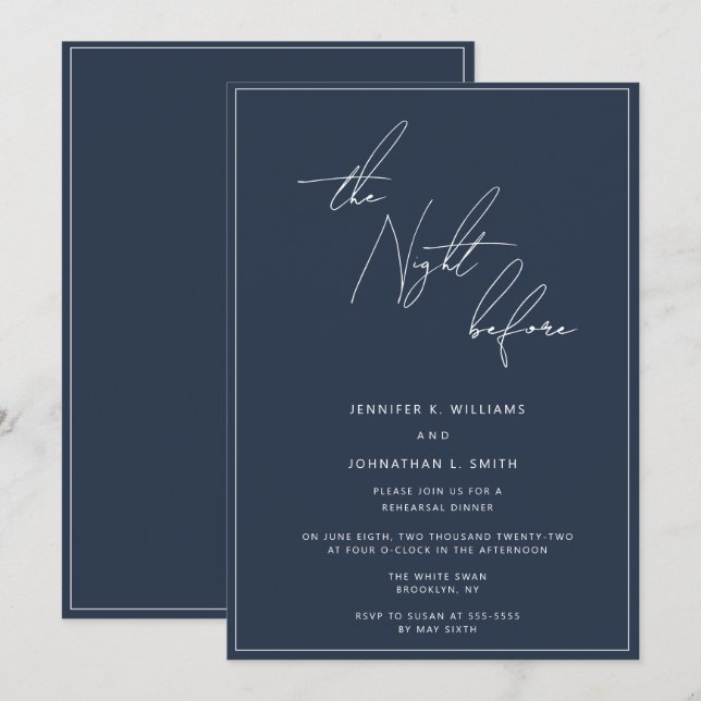 Navy Blue Night Before Rehearsal Dinner Invitation (Front/Back)
