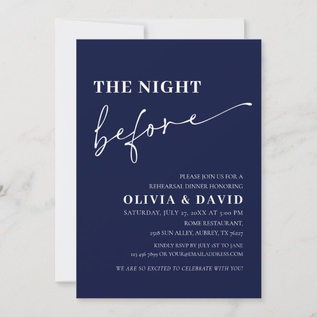 Navy Blue Night Before Rehearsal Dinner Invite (Front)