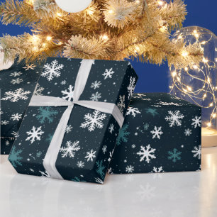 Navy Blue Night Sky White Snowflakes Wrapping Paper