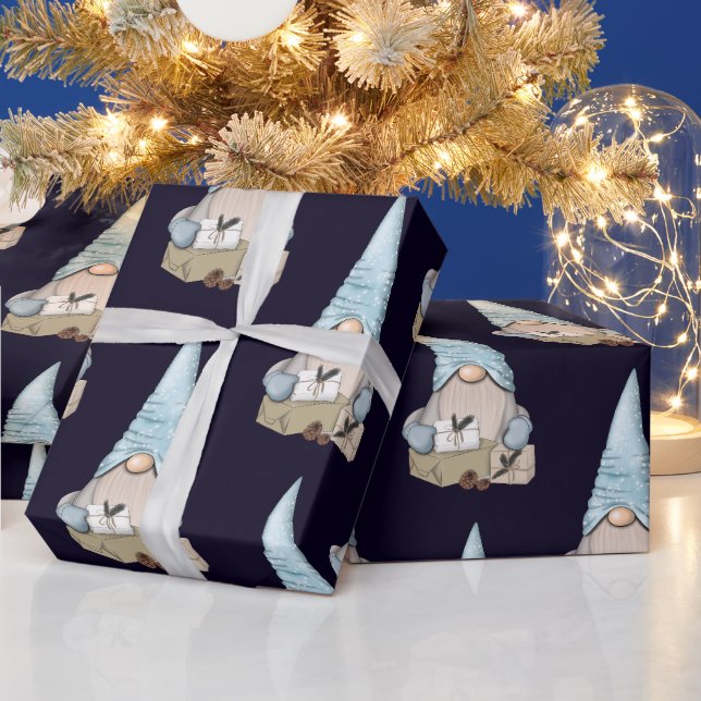 Navy Blue Nordic Snow Gnome Christmas Holiday Wrapping Paper (Holidays)