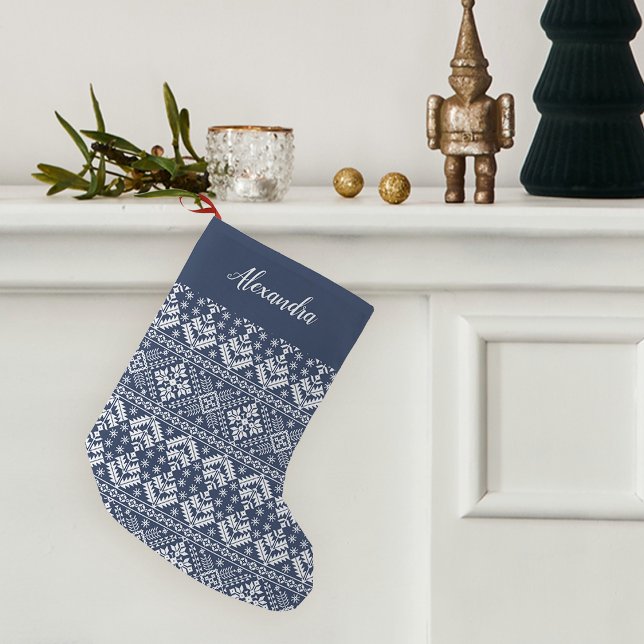 Navy Blue Nordic Sweater Pattern Personalized Small Christmas Stocking (Creator Uploaded)