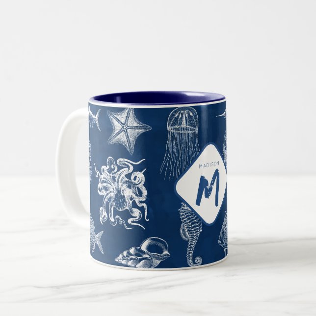 Navy Blue Ocean Marine Animals Monogram Two-Tone Coffee Mug (Front Left)