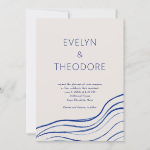 Navy Blue Ocean Waves Coastal QR Code Wedding Invitation