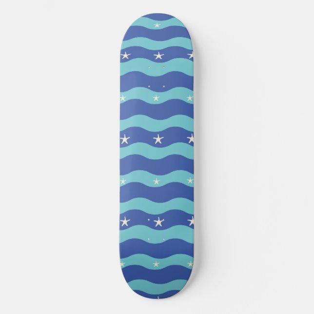 Navy Blue Ocean Waves & Starfish Seamless Pattern Skateboard (Front)