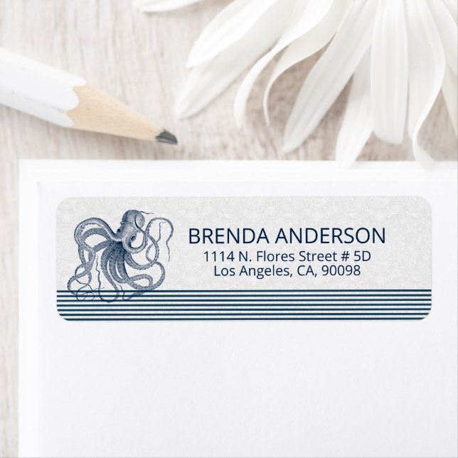 Navy Blue Octopus and Stripes On White (Insitu)