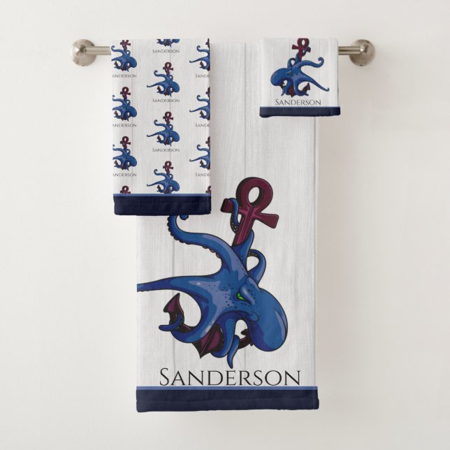  Navy Blue Octopus Coastal White Wood  Nautical Ba Bath Towel Set (Insitu)