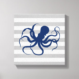 Navy Blue Octopus Grey and White Stripes Canvas Print