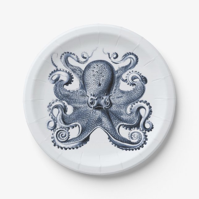 Navy Blue Octopus illustration by Ernst Haeckel Paper Plate (Front)