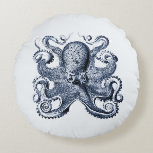 Navy Blue Octopus illustration by Ernst Haeckel Round Pillow