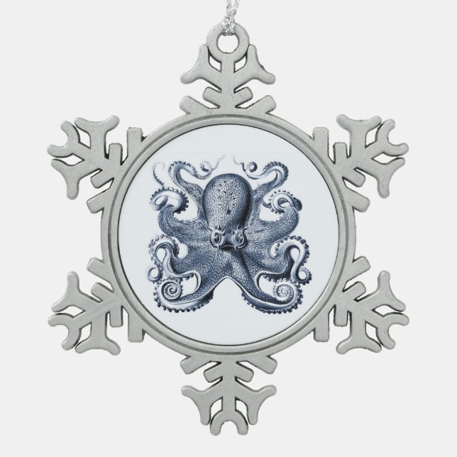 Navy Blue Octopus illustration by Ernst Haeckel Snowflake Pewter Christmas Ornament (Front)