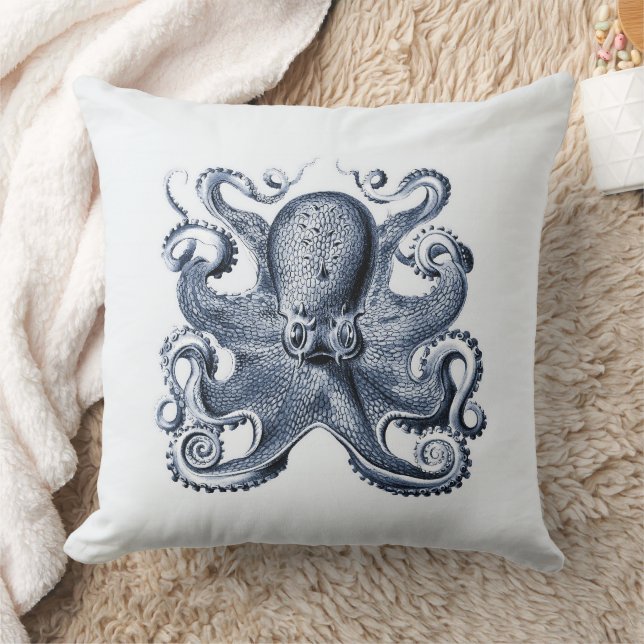 Navy Blue Octopus illustration by Ernst Haeckel Throw Pillow (Blanket)
