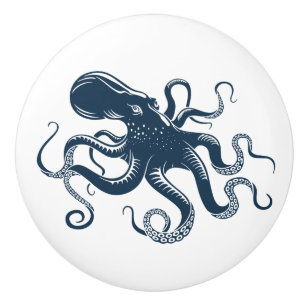 Navy blue octopus nautical illustration ceramic knob