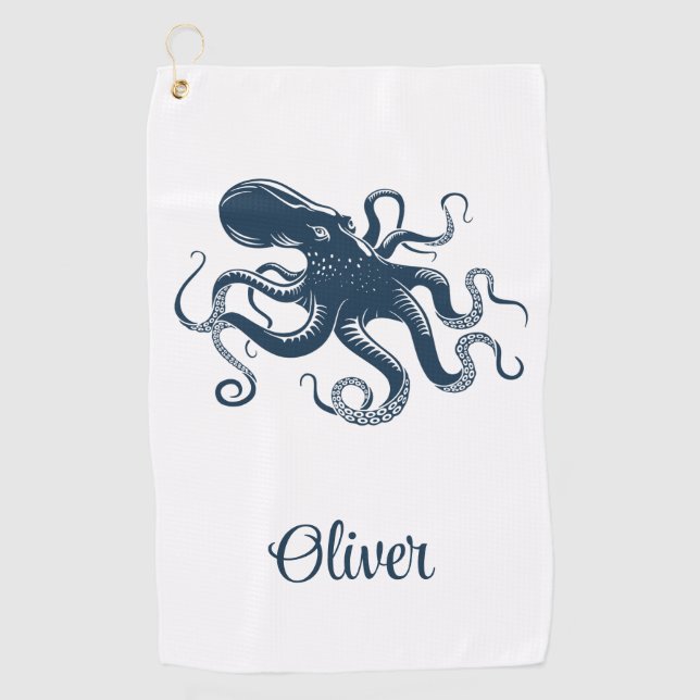 Navy blue octopus nautical illustration golf towel (Front)