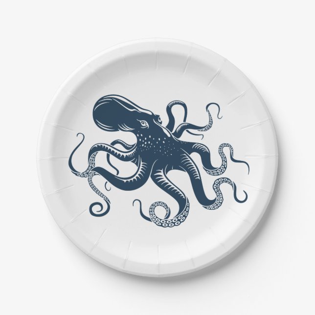 Navy blue octopus nautical illustration paper plate (Front)