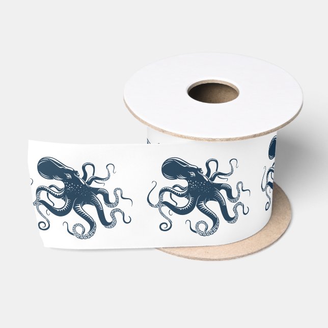 Navy blue octopus nautical illustration satin ribbon (Spool)