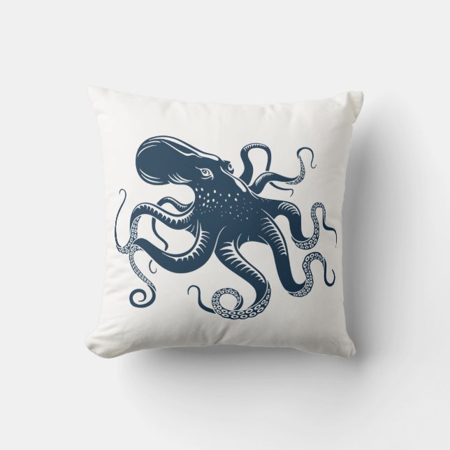 Navy blue octopus nautical illustration throw pillow (Front)