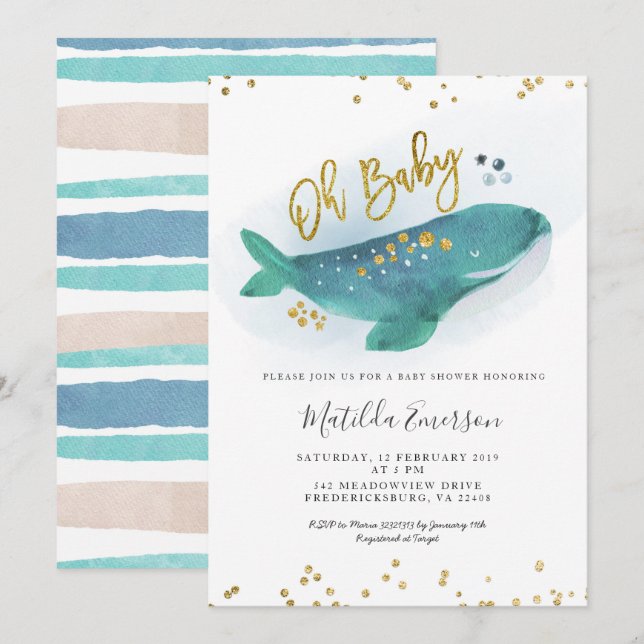 Navy Blue Oh Baby Whale Baby shower Invitation (Devant / Derrière)